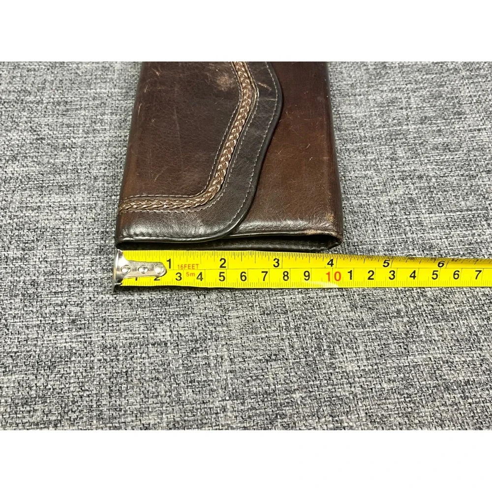 Rolfs Vintage Brown Cowhide Leather Trifold Wallet Braided Trim Kiss Lock Clutch